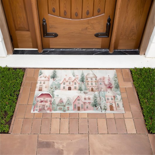 ミントとピンクの居心地の良い水彩冬のシーン ドアマット (室外)
