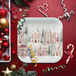 ミントとピンクの居心地の良い水彩冬のシーン ペーパープレート