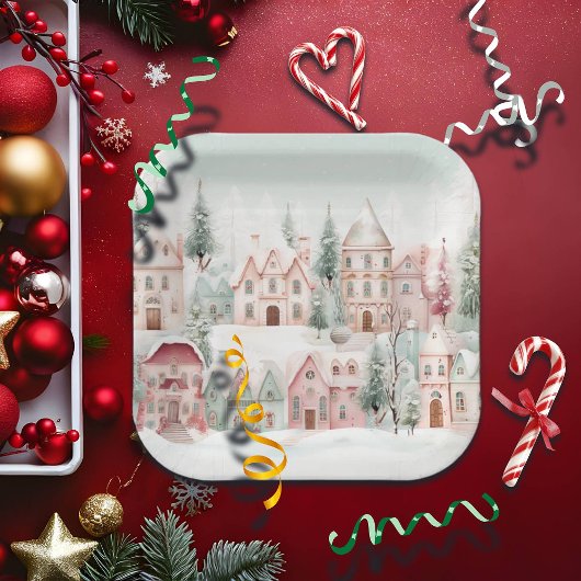 ミントとピンクの居心地の良い水彩冬のシーン ペーパープレート