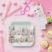 ミントとピンクの居心地の良い水彩冬のシーン ペーパープレート (パーティー)