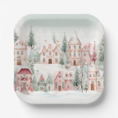 ミントとピンクの居心地の良い水彩冬のシーン ペーパープレート (正面)