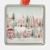 ミントとピンクの居心地の良い水彩冬のシーン メタルオーナメント (正面)