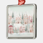 ミントとピンクの居心地の良い水彩冬のシーン メタルオーナメント (左)