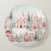 ミントとピンクの居心地の良い水彩冬のシーン ラウンドクッション (正面)