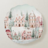 ミントとピンクの居心地の良い水彩冬のシーン ラウンドクッション (裏面)