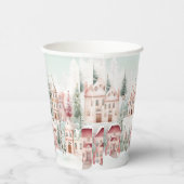 ミントとピンクの居心地の良い水彩冬のシーン 紙コップ (右)