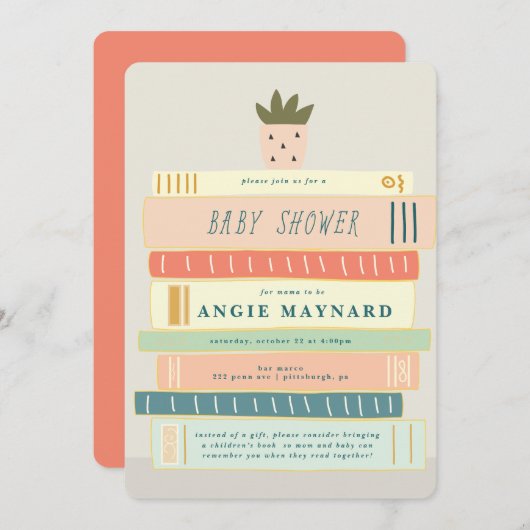 ミントとピンクの本，ベビーベビーシャワー用 招待状 (正面/裏面)