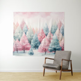 ミントとピンクの松の木の冬の風景 タペストリー