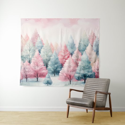 ミントとピンクの松の木の冬の風景 タペストリー (インサイチュ(横))