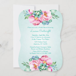 ミントとピンクの水彩花の招待状 招待状