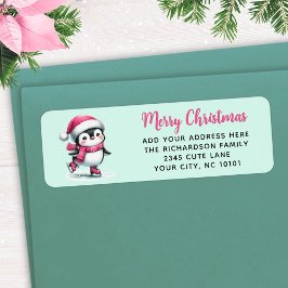 ミントとピンクの氷のスケートで滑るペンギンメリークリスマス ラベル