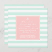 ミントとピンクの赤航海のちゃんシャワー招待状 招待状 (正面/裏面)
