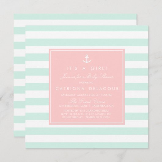 ミントとピンクの赤航海のちゃんシャワー招待状 招待状 (正面/裏面)