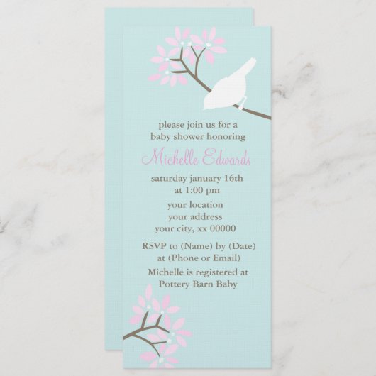 ミントとピンクの鳥のベビーシャワー 招待状 (正面/裏面)