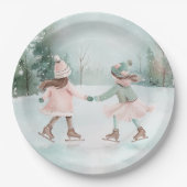 ミントとピンクガールズスケートで滑る – 冬のシーン ペーパープレート (正面)