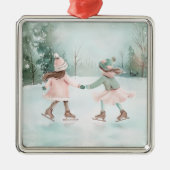 ミントとピンクガールズスケートで滑る – 冬のシーン メタルオーナメント (正面)