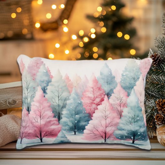 ミントとピンクモミの木の冬のシーン アクセントクッション