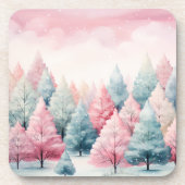 ミントとピンクモミの木の冬のシーン コースター (正面)