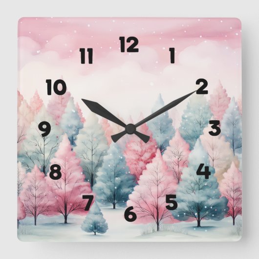 ミントとピンクモミの木の冬のシーン スクエア壁時計 (正面)