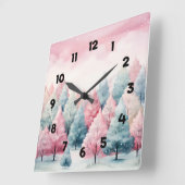 ミントとピンクモミの木の冬のシーン スクエア壁時計 (傾斜)