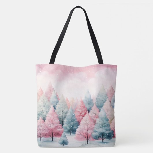 ミントとピンクモミの木の冬のシーン トートバッグ (裏面)