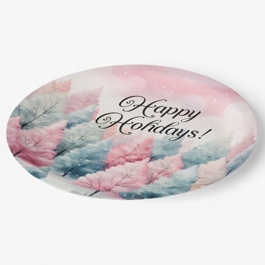 ミントとピンクモミの木の冬のシーン ペーパープレート (アングル)