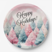 ミントとピンクモミの木の冬のシーン ペーパープレート (正面)