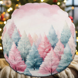 ミントとピンクモミの木の冬のシーン ラウンドクッション