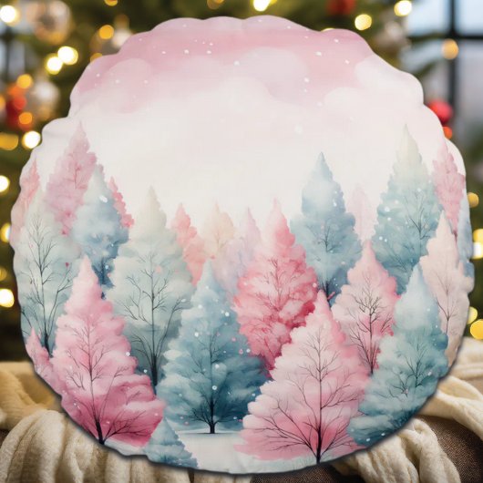 ミントとピンクモミの木の冬のシーン ラウンドクッション