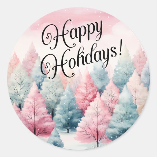 ミントとピンクモミの木の冬のシーン ラウンドシール (正面)