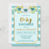 ミントとフェイクゴールドの花柄ベビーシャワー招待状 招待状 (正面)