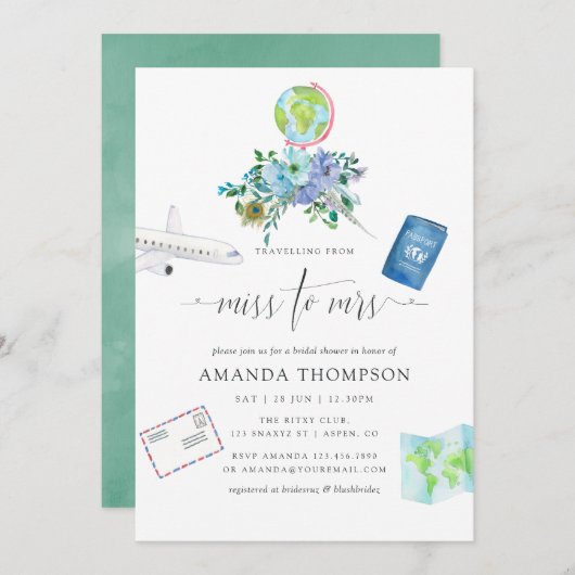 ミントとブルーのボホ恋しく思ーがミセス・ブライダルシャワー 招待状 (正面/裏面)