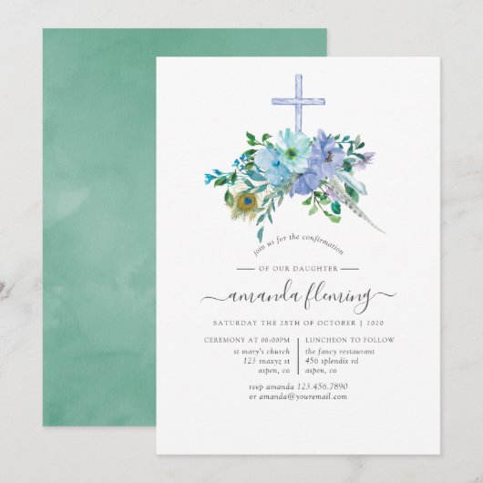 ミントとブルーのボホ カンファメーション 招待状 (正面/裏面)
