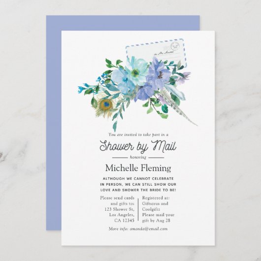ミントとブルーのボホ ブライズシャワー by メール 招待状 (正面/裏面)