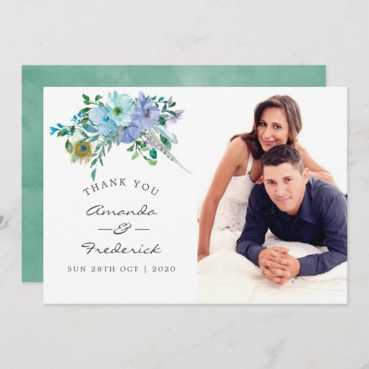 ミントとブルーのボーホー フラワー ウェディング サンクス フォト サンキューカード (正面/裏面)