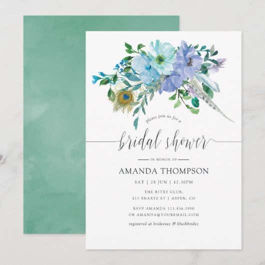 ミントとブルーの水彩ボヘミアンフラワーブライダルシャワー 招待状 (正面/裏面)