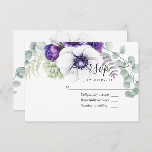 ミントとブルーウォーターのカラーフローラウェディングRSVPカード 出欠カード (正面/裏面)