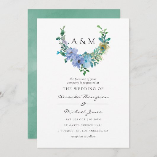 ミントとブルーウォーターのカラーフローラ結婚式招待状 招待状 (正面/裏面)