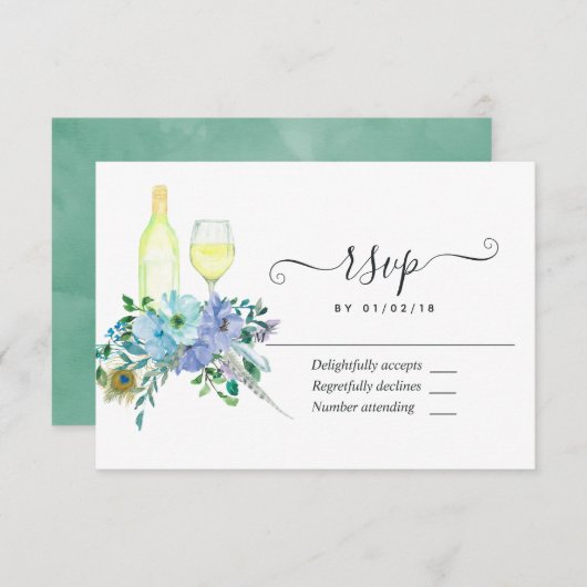 ミントとブルーウォーターの色のフローラ結婚ズ 出欠カード (正面/裏面)