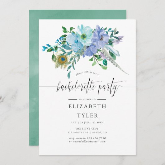 ミントとブルーウォーターカラーボホバチェロレッテ 招待状 (正面/裏面)