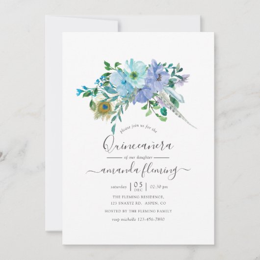 ミントとブルーウォーターカラーボホフローラキンセアニラ 招待状 (正面)