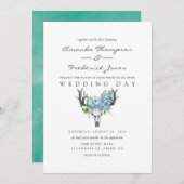 ミントとブルーウォーターカラーボホフローラ結婚ズ 招待状 (正面/裏面)