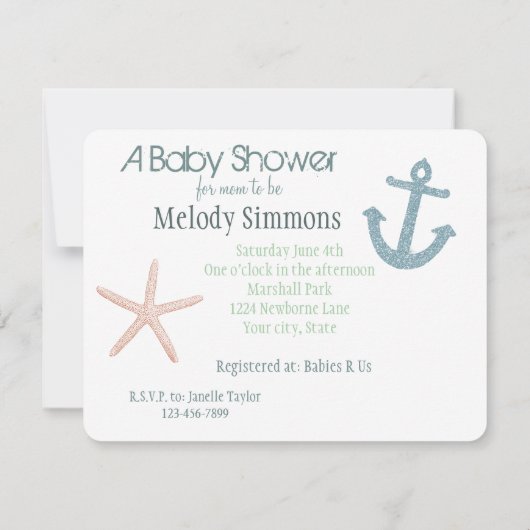 ミントとブルーストライプの航海の赤ちゃんシャワー 招待状 (裏面)