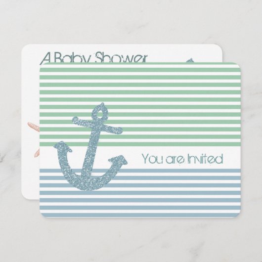 ミントとブルーストライプの航海の赤ちゃんシャワー 招待状 (正面/裏面)