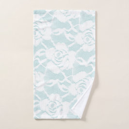 ミントとホワイトレースのバラフローラ ハンドタオル
