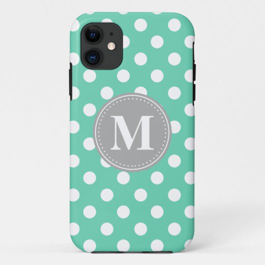 ミントとホワイト水玉模様グレイ・モノグラム Case-Mate iPhoneケース (裏面)