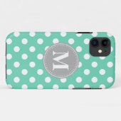 ミントとホワイト水玉模様グレイ・モノグラム Case-Mate iPhoneケース (裏面(横))