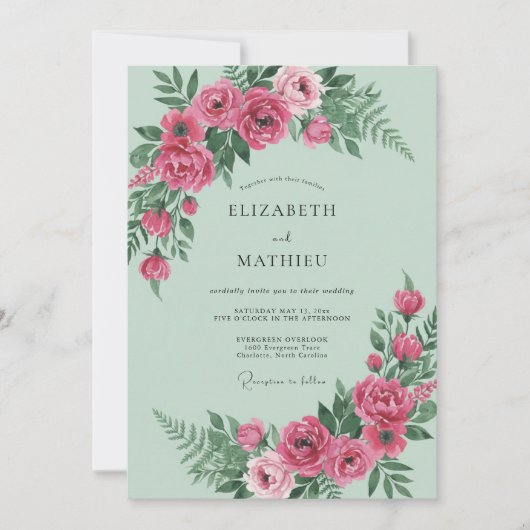 ミントとマゼンタの芍薬の結婚式 招待状 (正面)