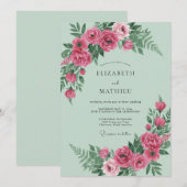 ミントとマゼンタの芍薬の結婚式 招待状 (正面/裏面)