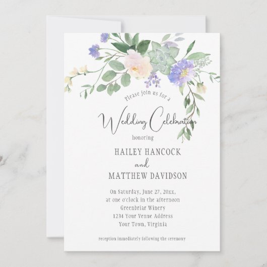 ミントとラベンダーの花模様と結婚多肉類 招待状 (正面)